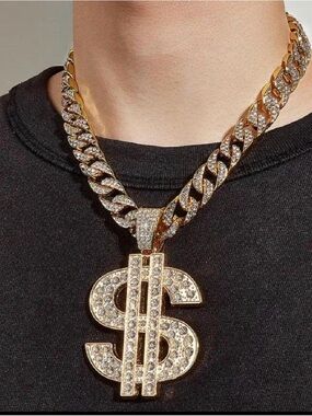 Gold Crystal Cuban Chain Necklace with Dollar Sign Pendant
